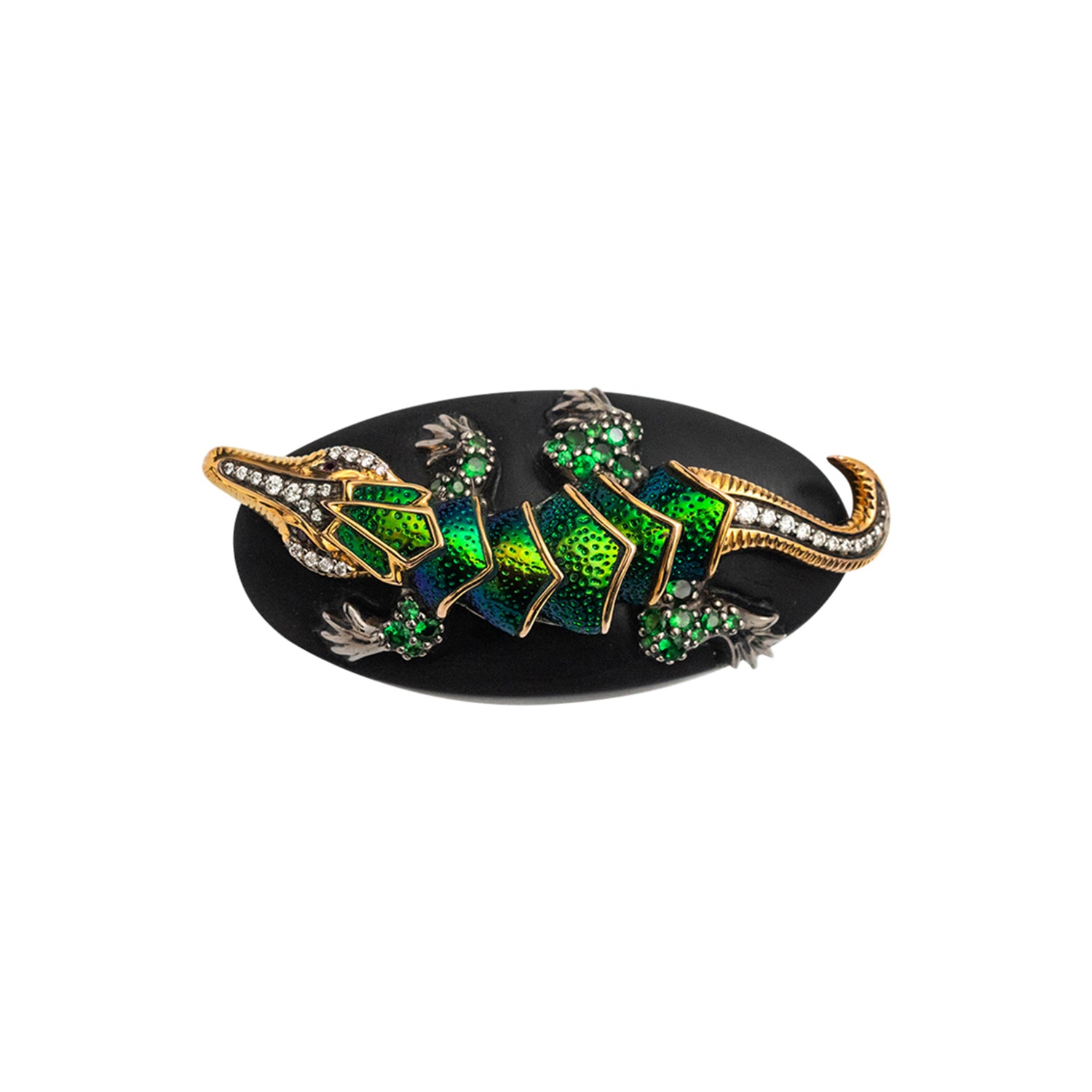 Floating Crocodile Scarab Ring with Tsavorite, Diamond & Ruby