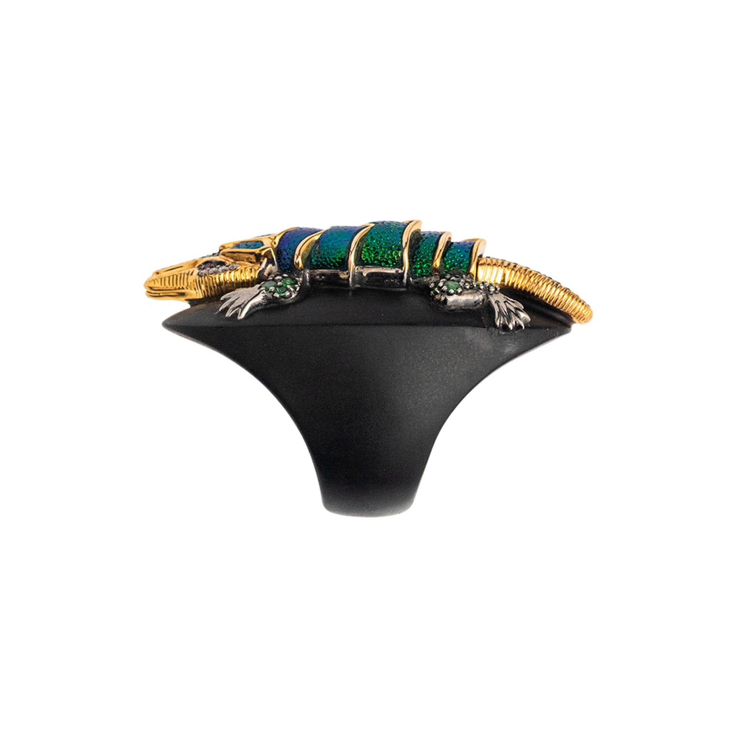 Floating Crocodile Scarab Ring with Tsavorite, Diamond & Ruby