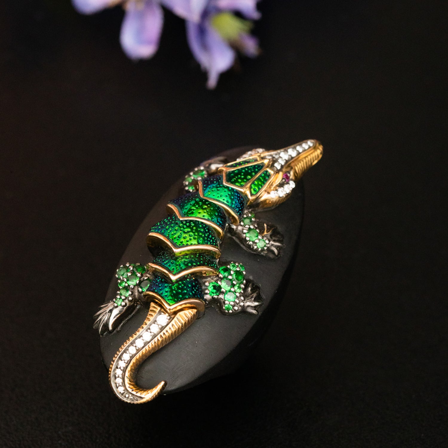 Floating Crocodile Scarab Ring with Tsavorite, Diamond & Ruby