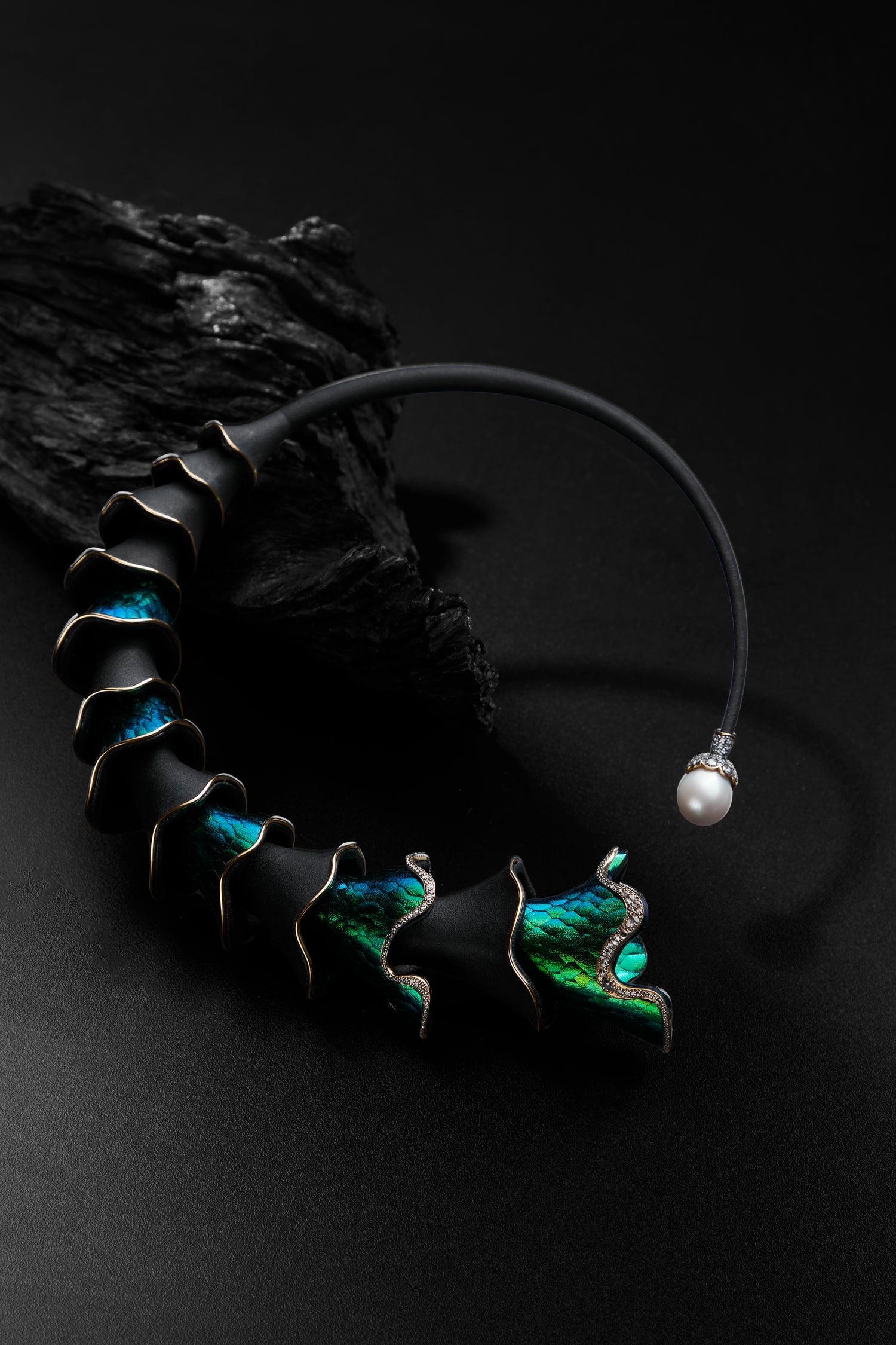 Cascading Scarab Necklace with Diamond & Pearl