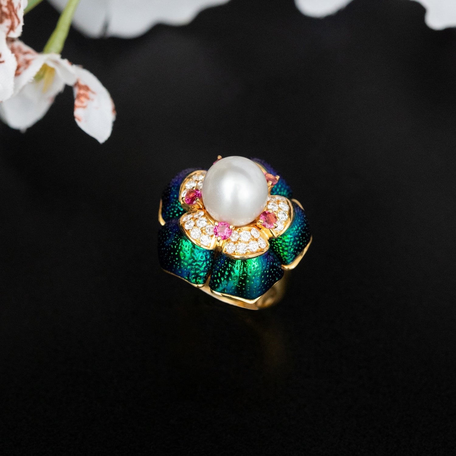 Pearl-Heart and Scarab-Petalled Lotus Ring