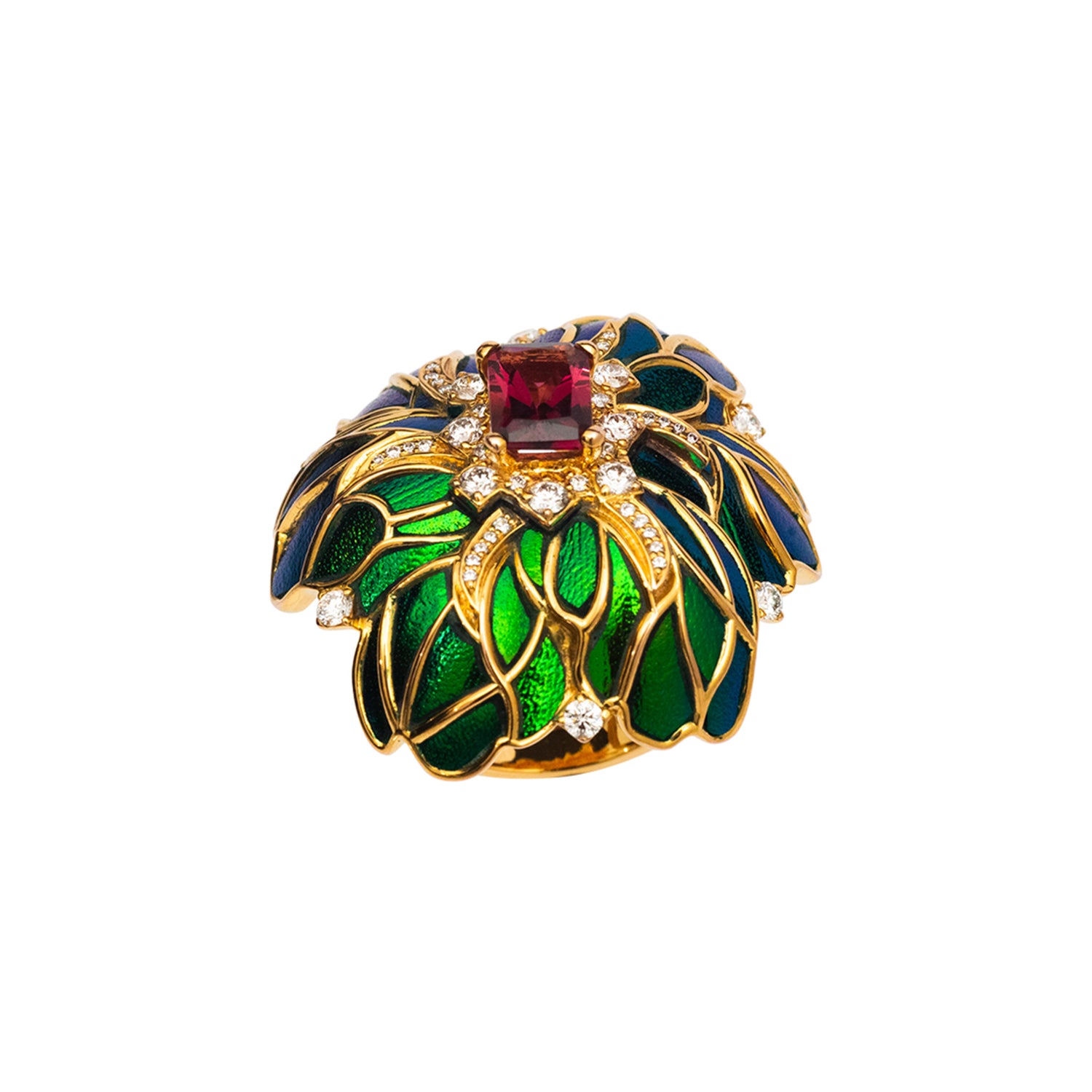 Scarab Camellia Flower Ring with Diamond & Pink Tourmaline
