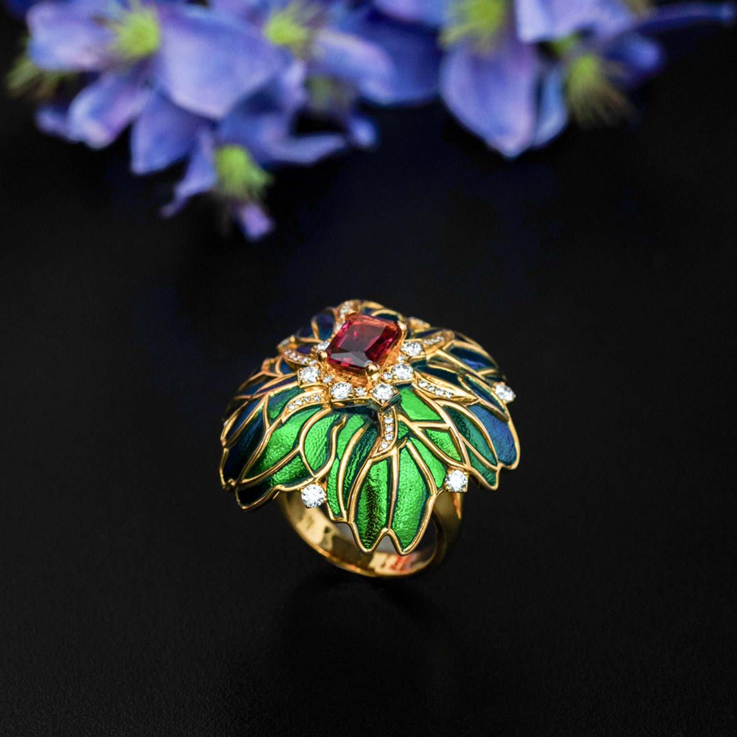 Scarab Camellia Flower Ring with Diamond & Pink Tourmaline