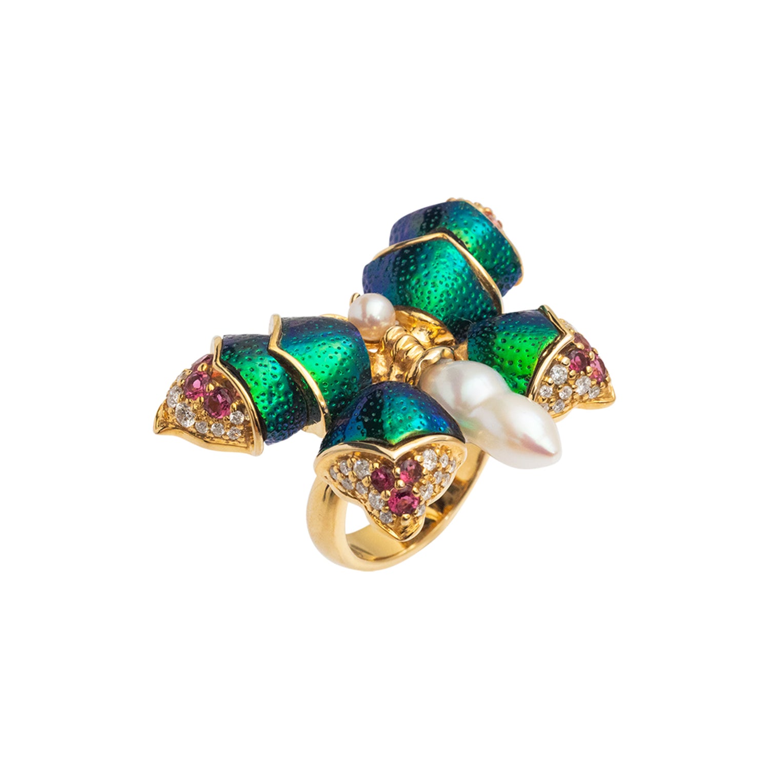Scarab Graceful Butterfly Ring with Pearl, Diamond & Pink Tourmaline