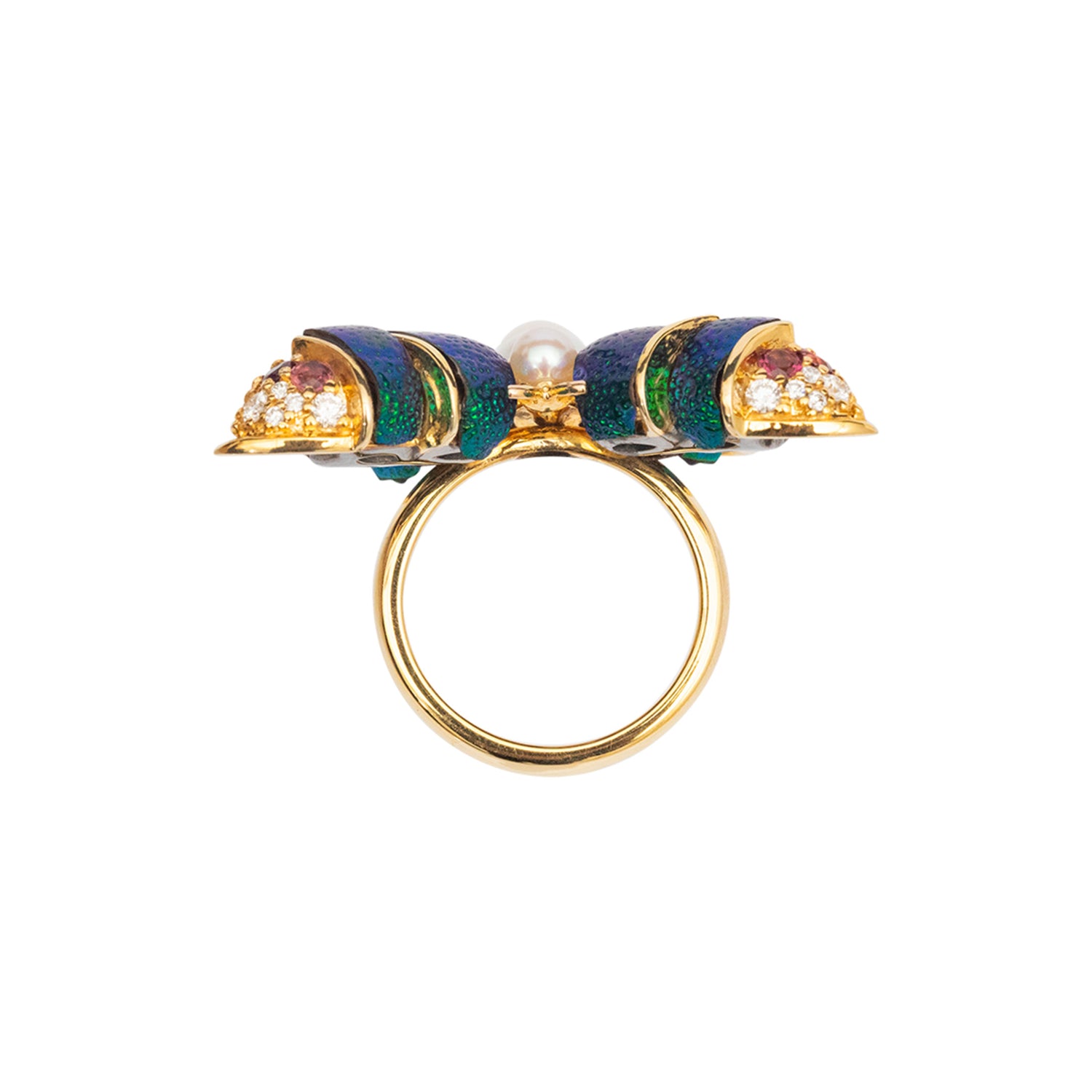 Scarab Graceful Butterfly Ring with Pearl, Diamond & Pink Tourmaline
