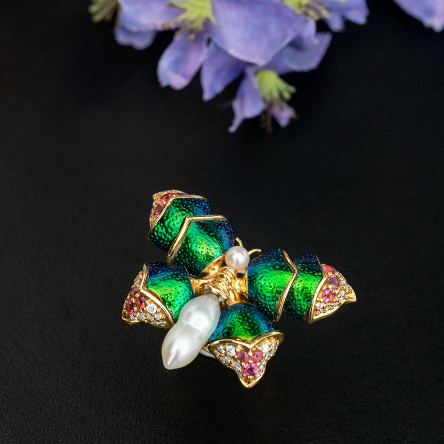 Scarab Graceful Butterfly Ring with Pearl, Diamond & Pink Tourmaline
