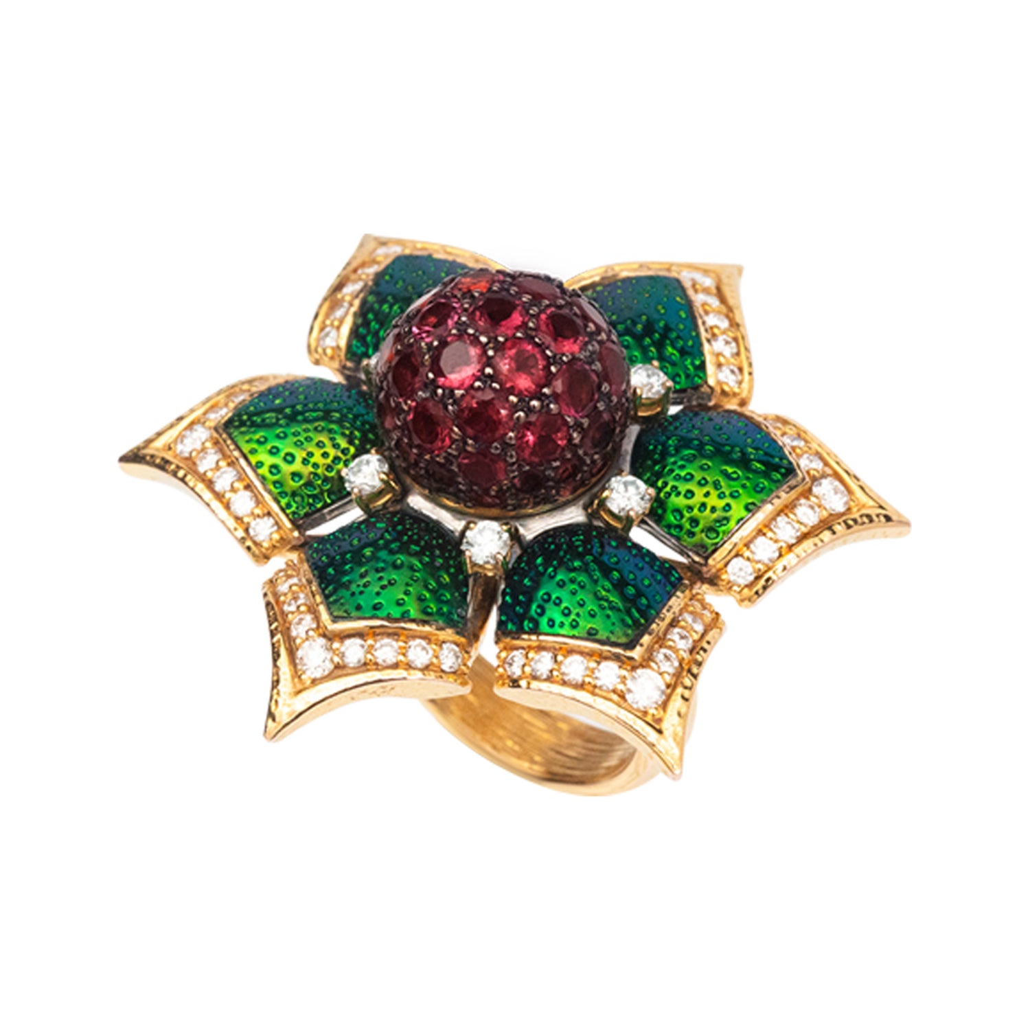 Scarab Floral Rosette Ring with Diamond and Pink Tourmaline