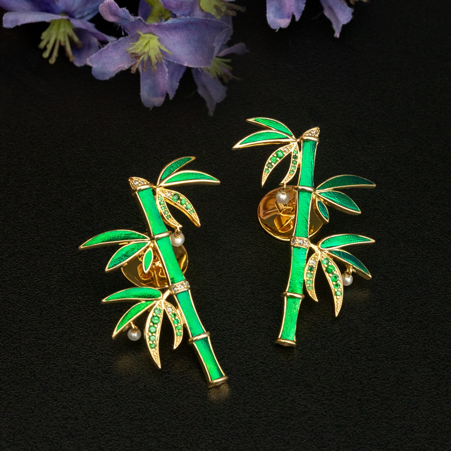 Scarab Bamboo Tree Earrings with Diamond & Tsavorite