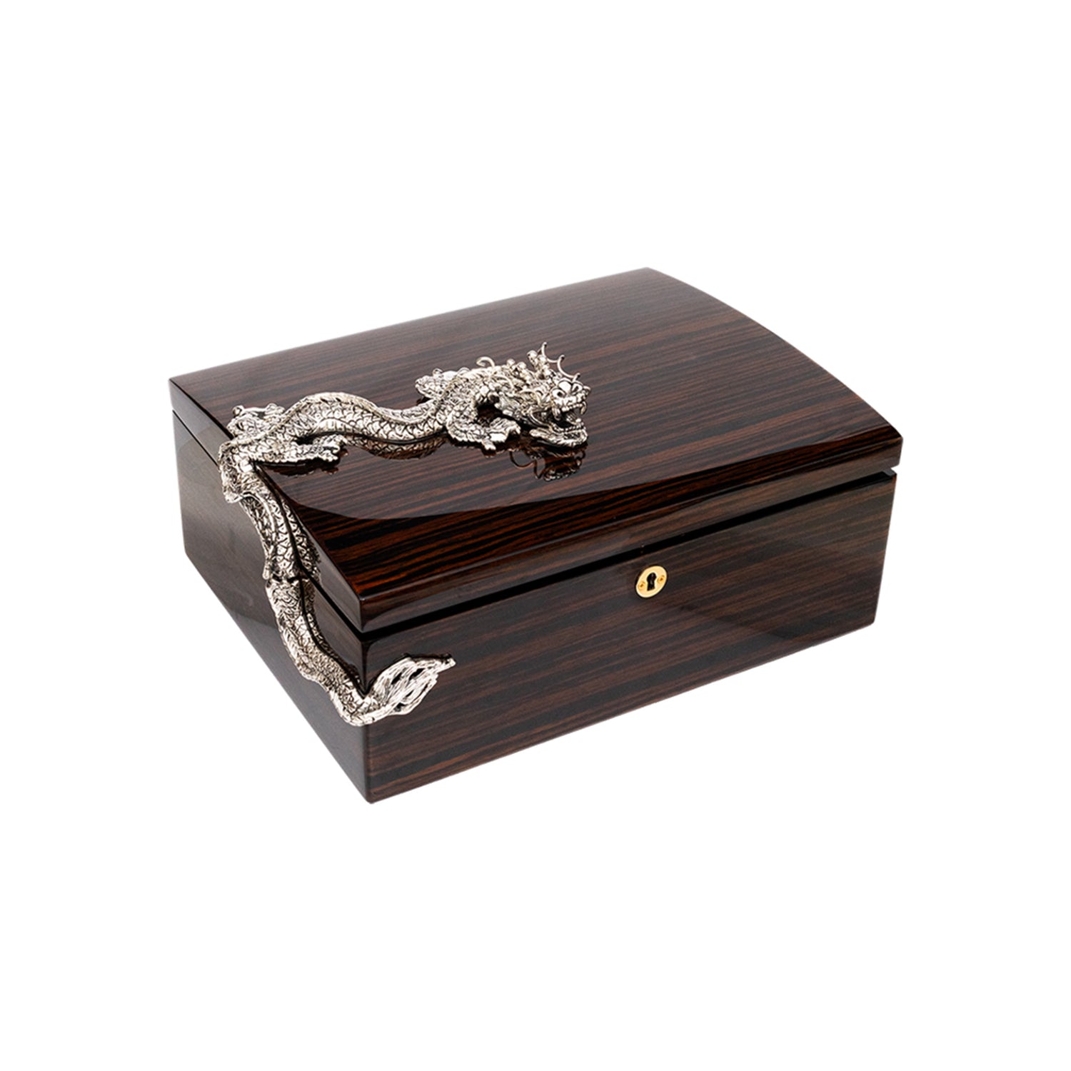 Pommele Cigar Humidor with Silver Dragon