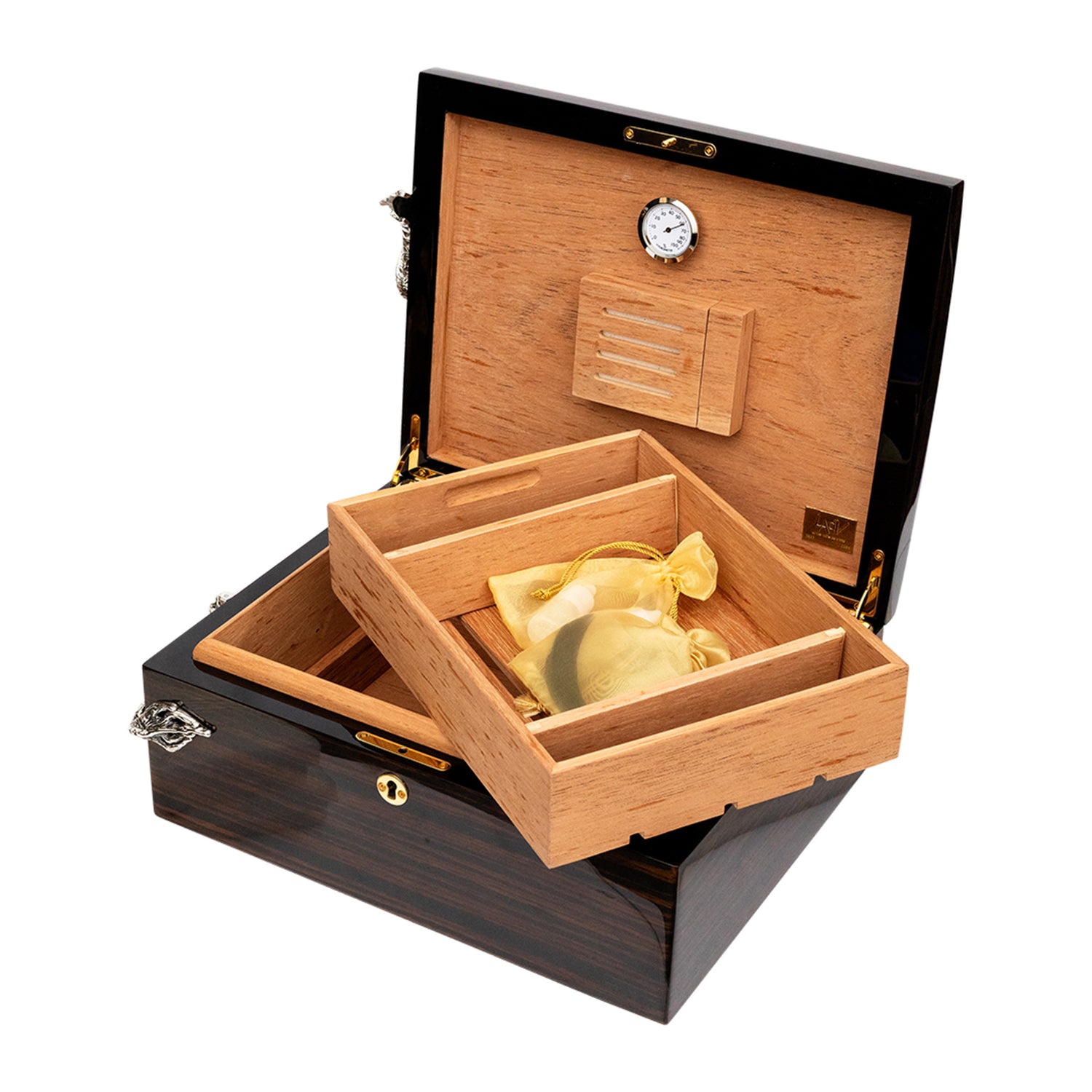 Pommele Cigar Humidor with Silver Dragon