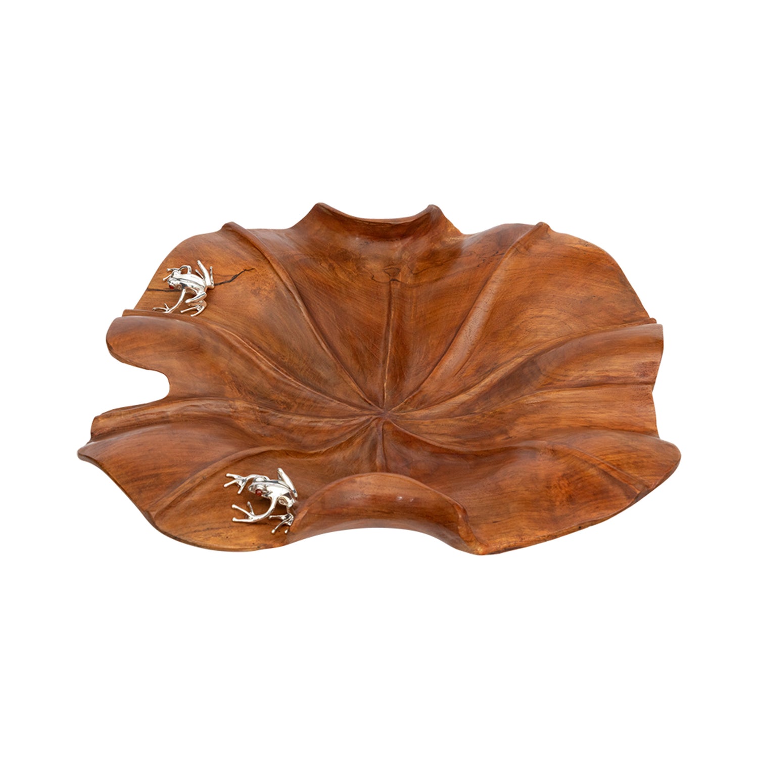 Carved Leaf Teak Bowl with Silver Frogs