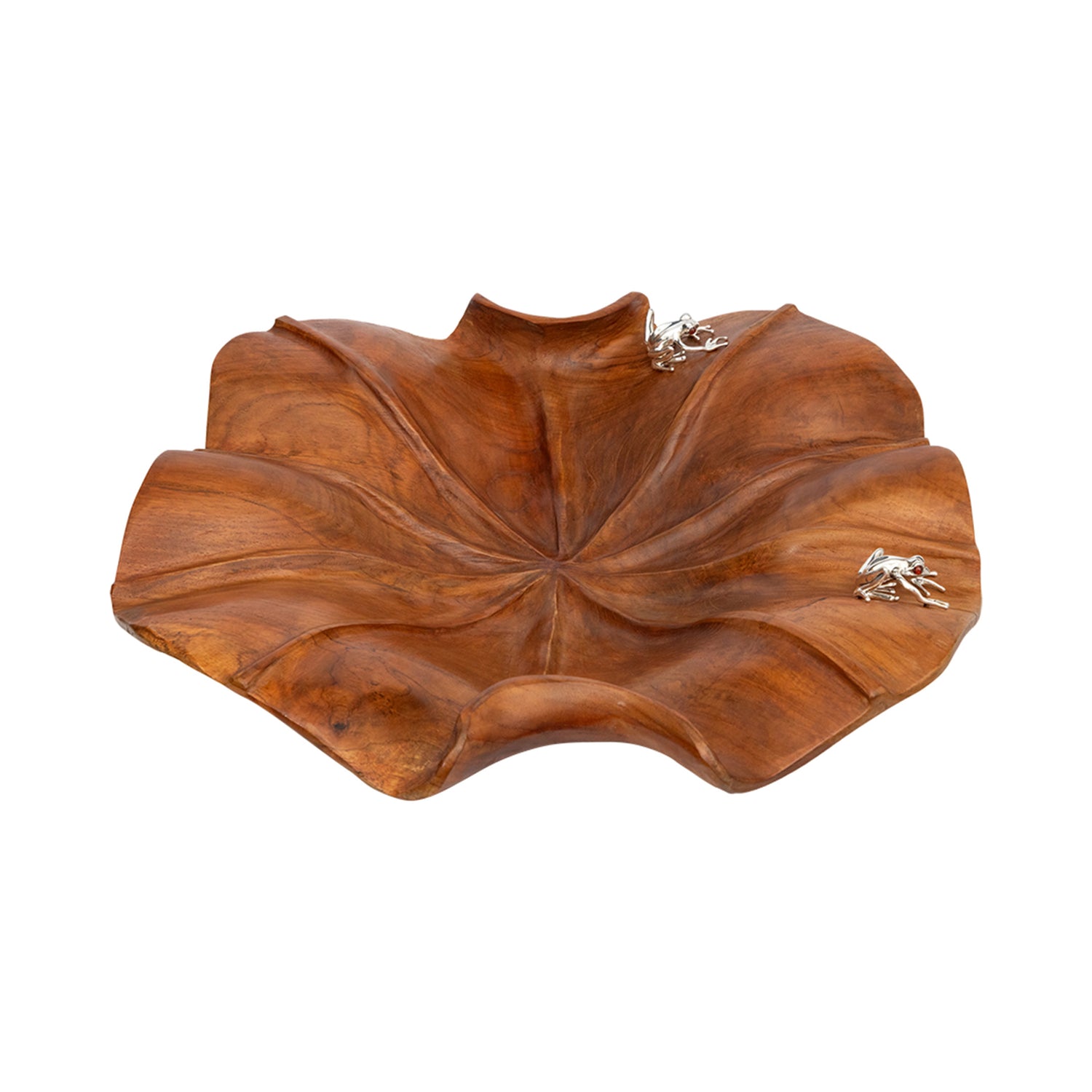 Carved Leaf Teak Bowl with Silver Frogs