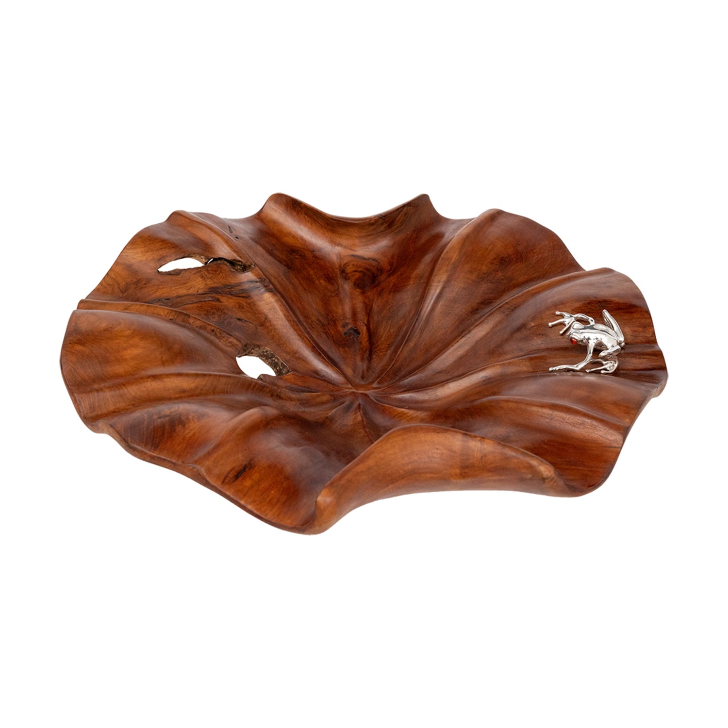 Carved Leaf Teak Bowl with Silver Frog
