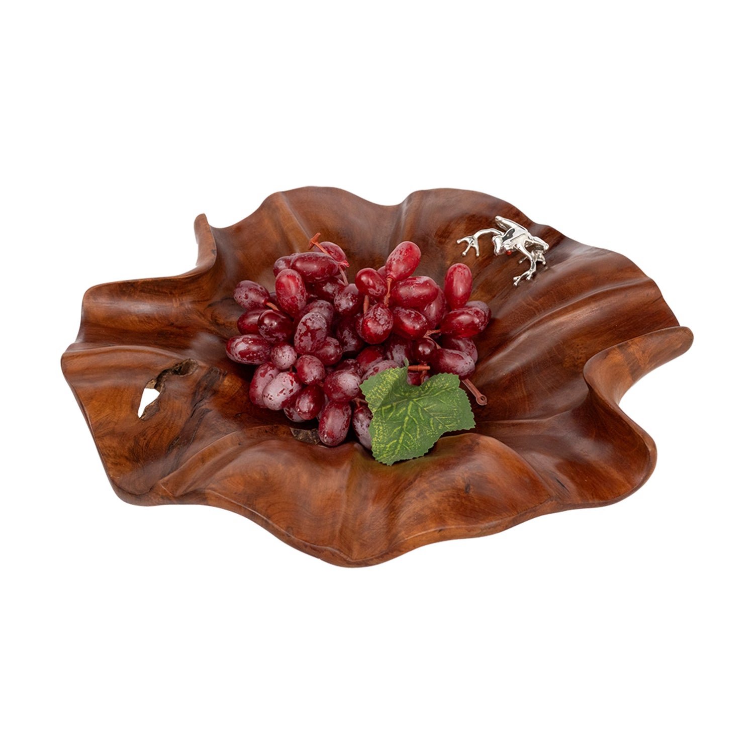 Carved Leaf Teak Bowl with Silver Frog