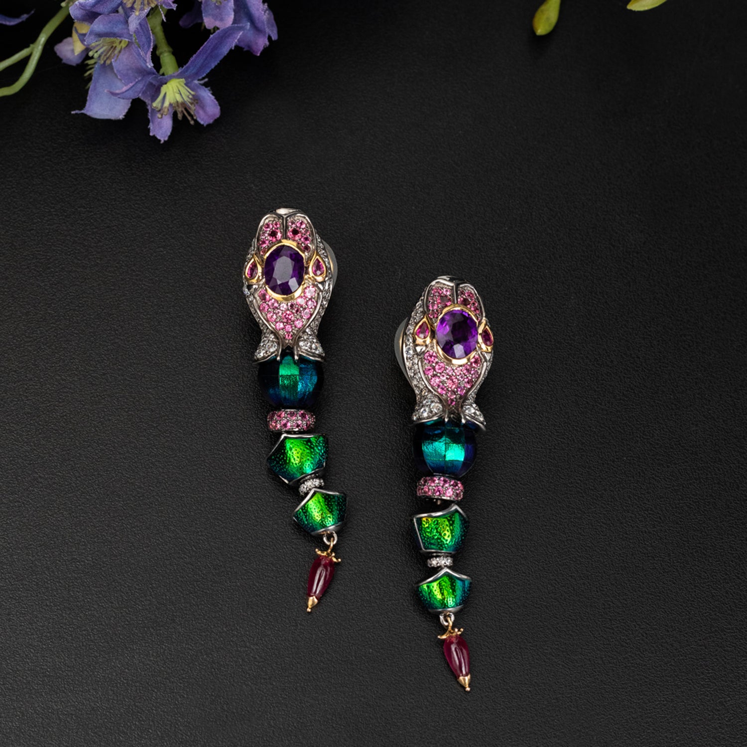 Imperial Scarab and Amethyst Snake Earrings