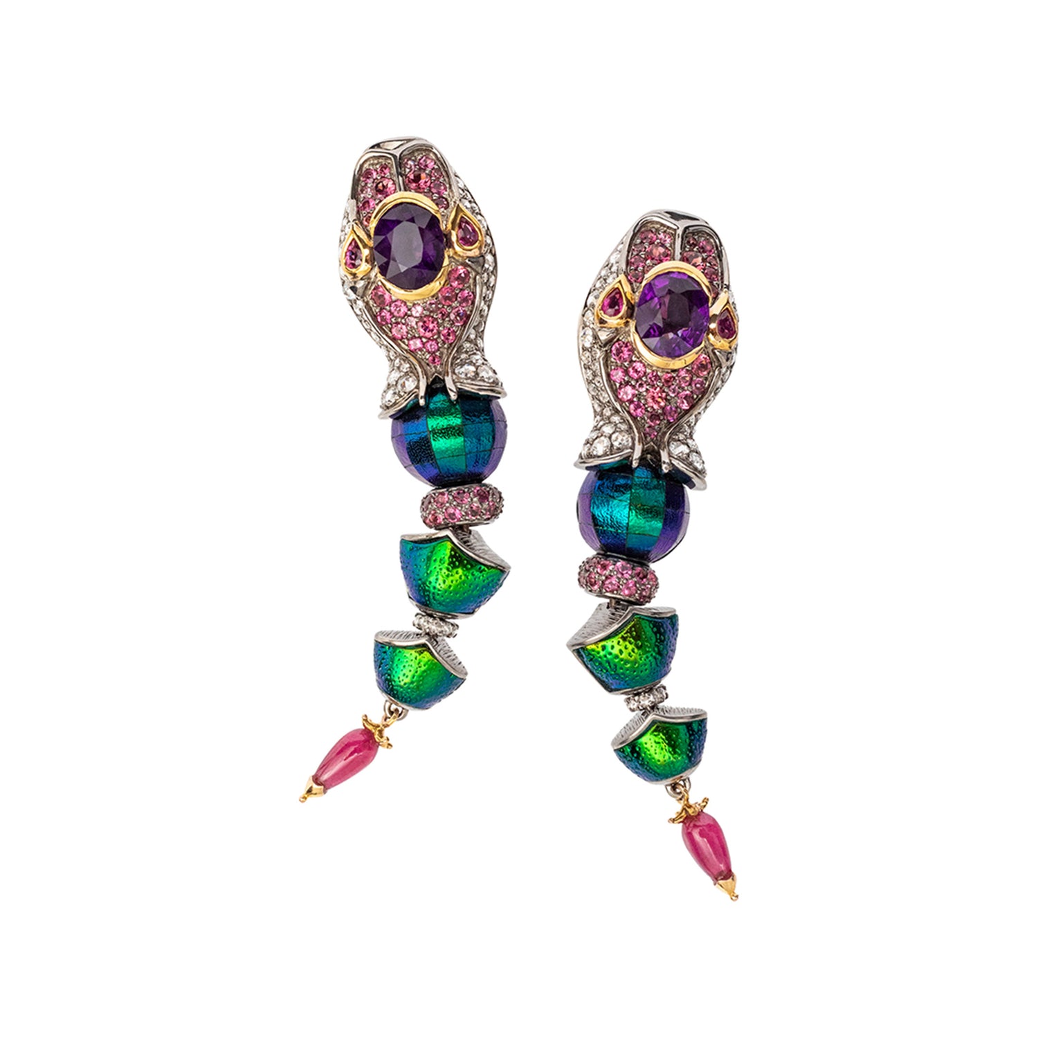 Imperial Scarab and Amethyst Snake Earrings
