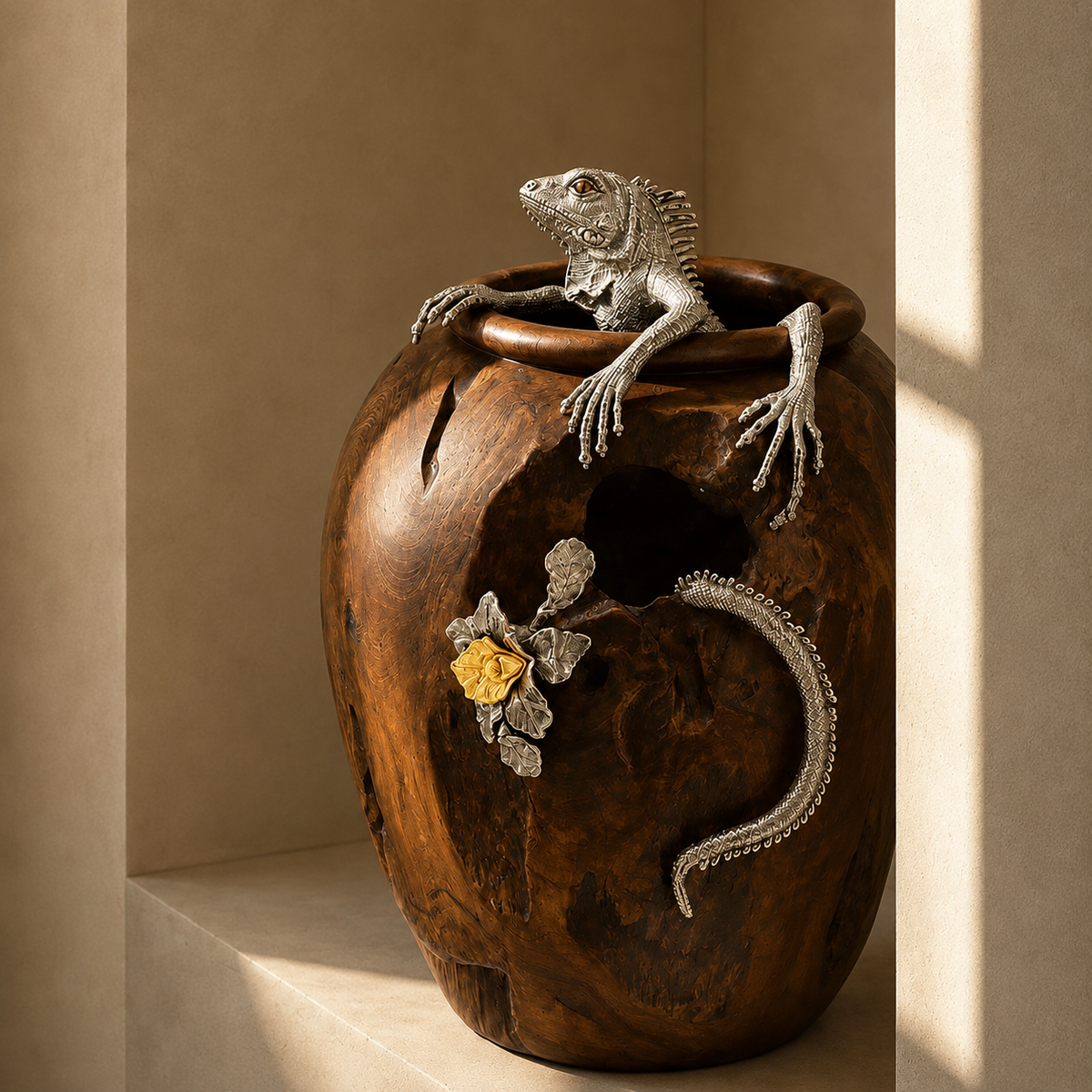 Teak Wood jar with Silver Iguana