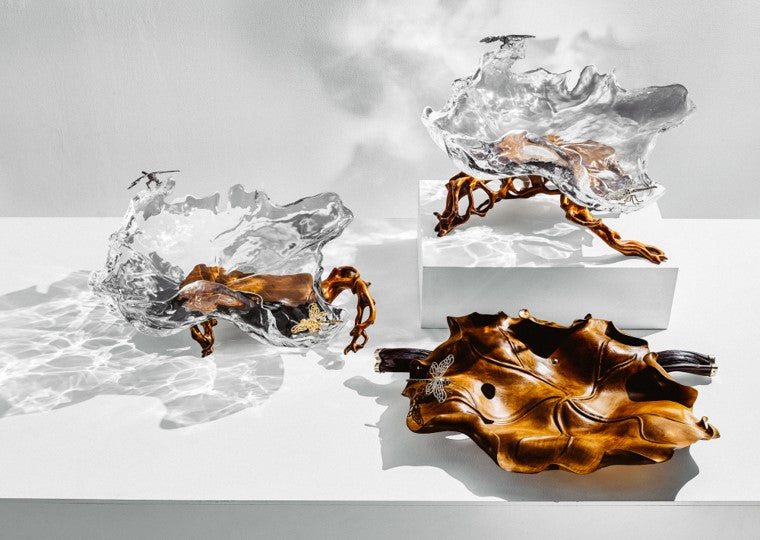 Glacial Maple Leaf Bowl with Golden Dragonflies