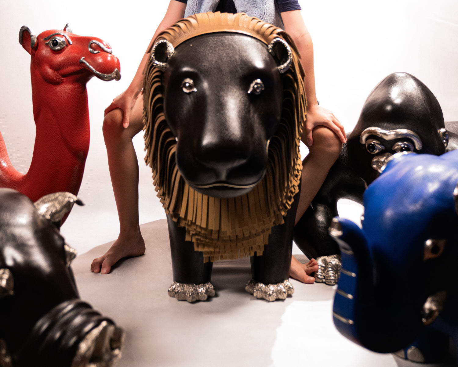 Brown Leather Lion Stool