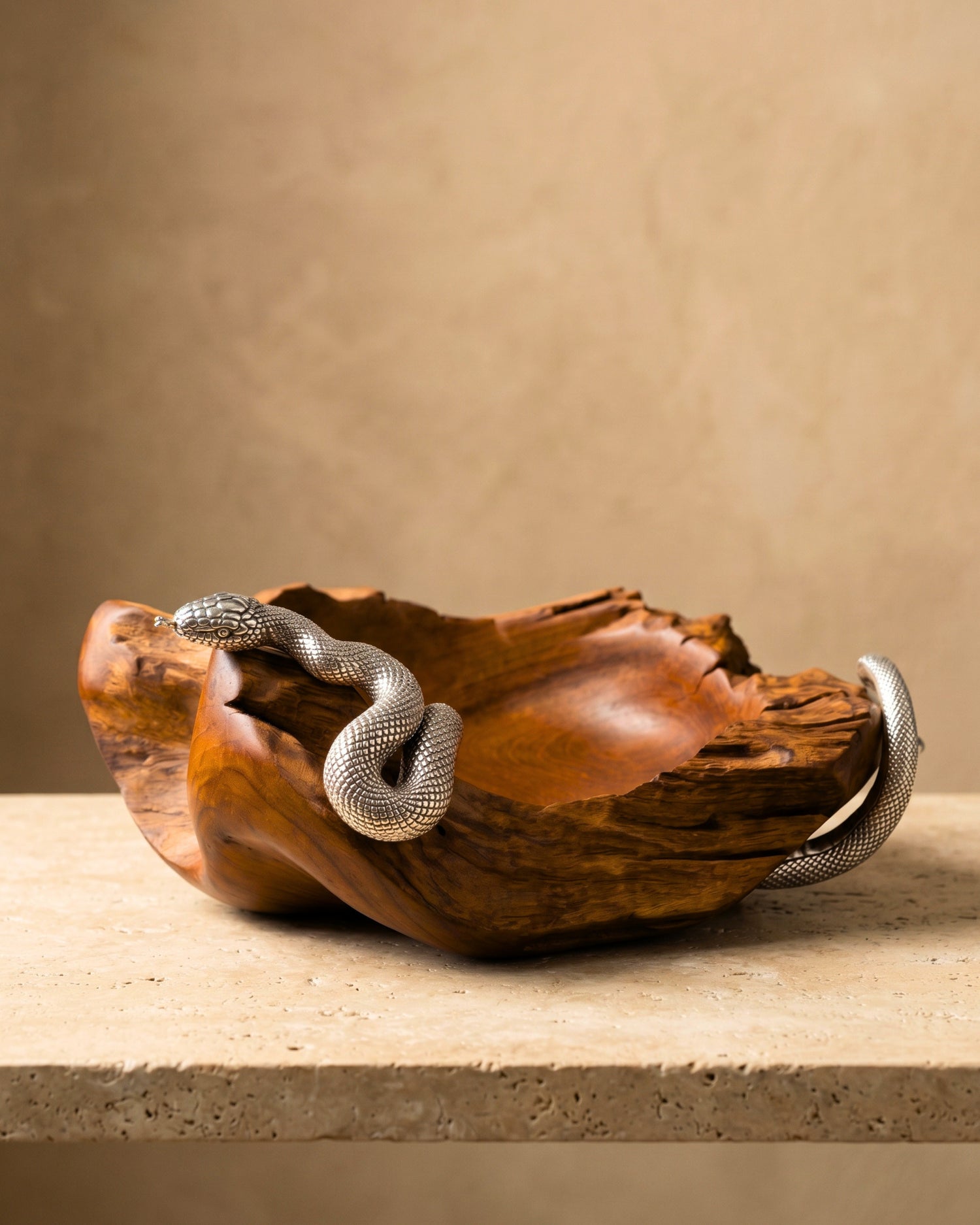 Teak Root Bowl with Silver Snake