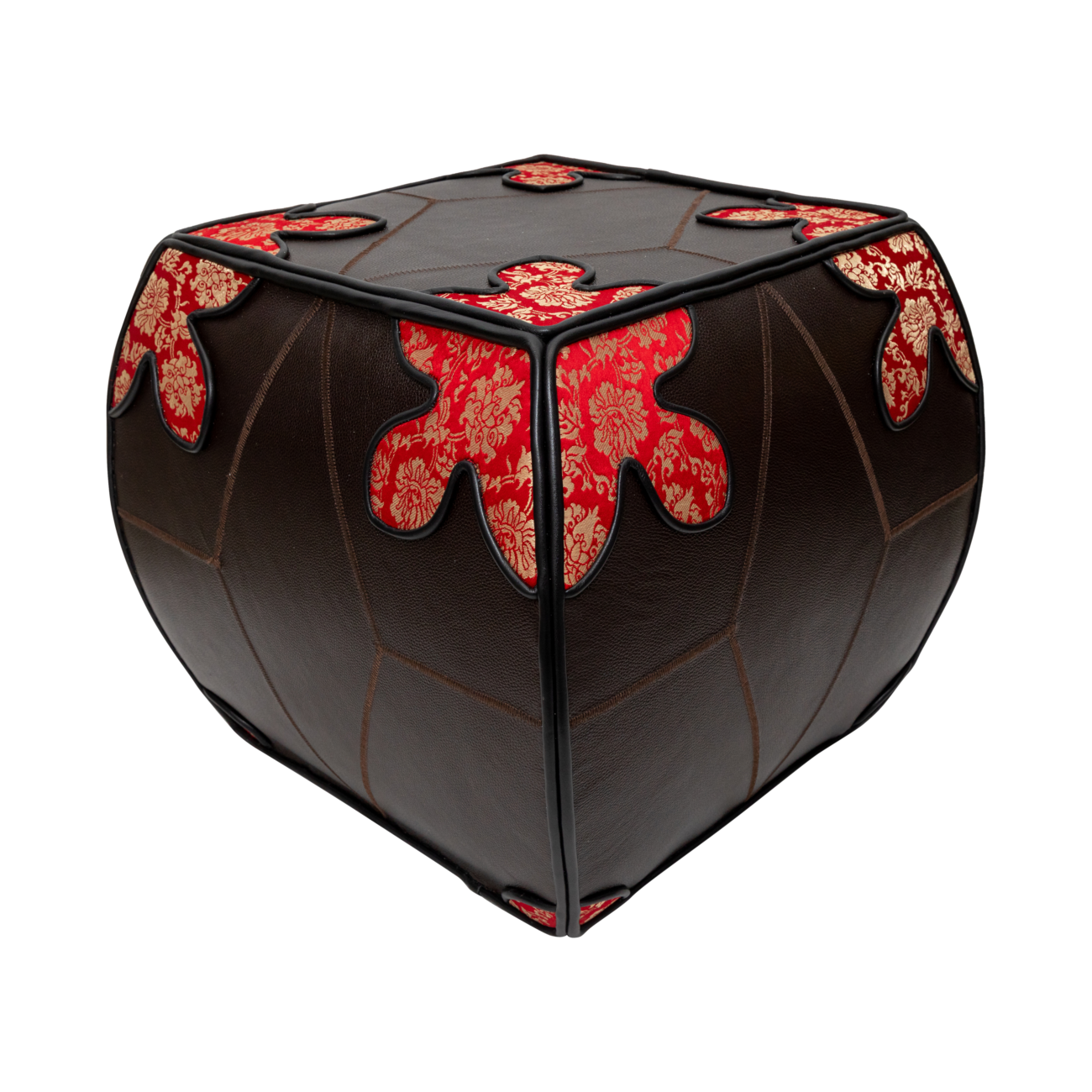Cow Leather Pouffe with Chinese Silk Brocade - Size L