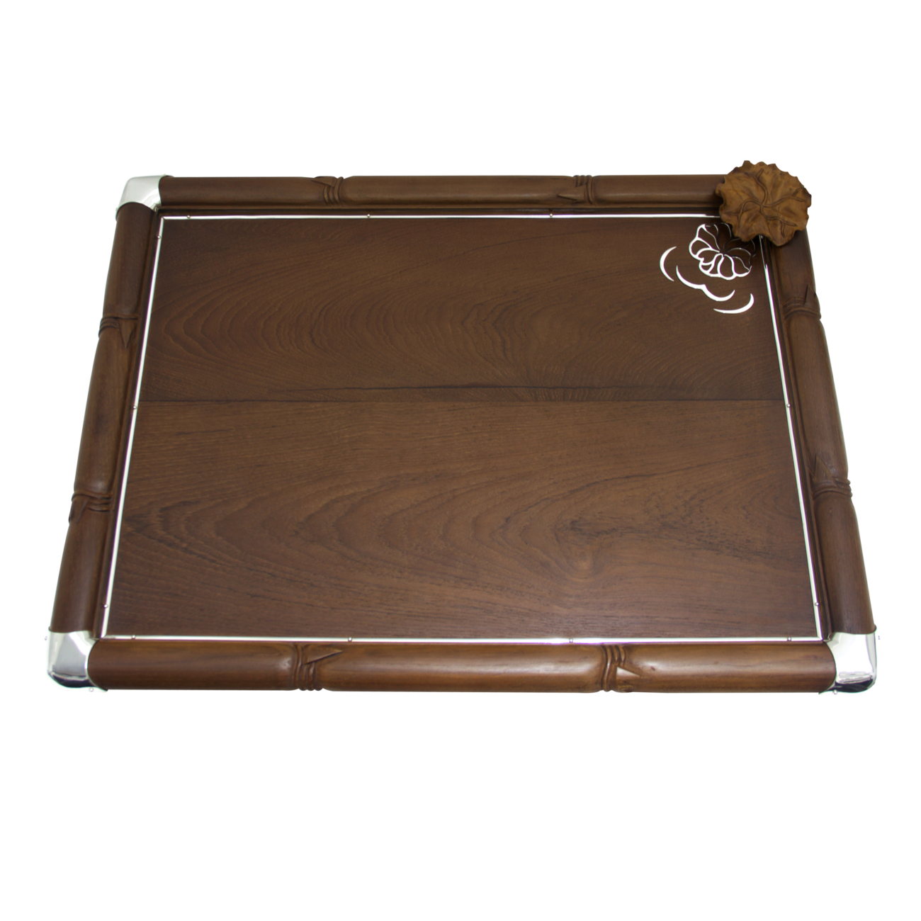 Wooden Tray Decorated with Silver and Wooden Leaf