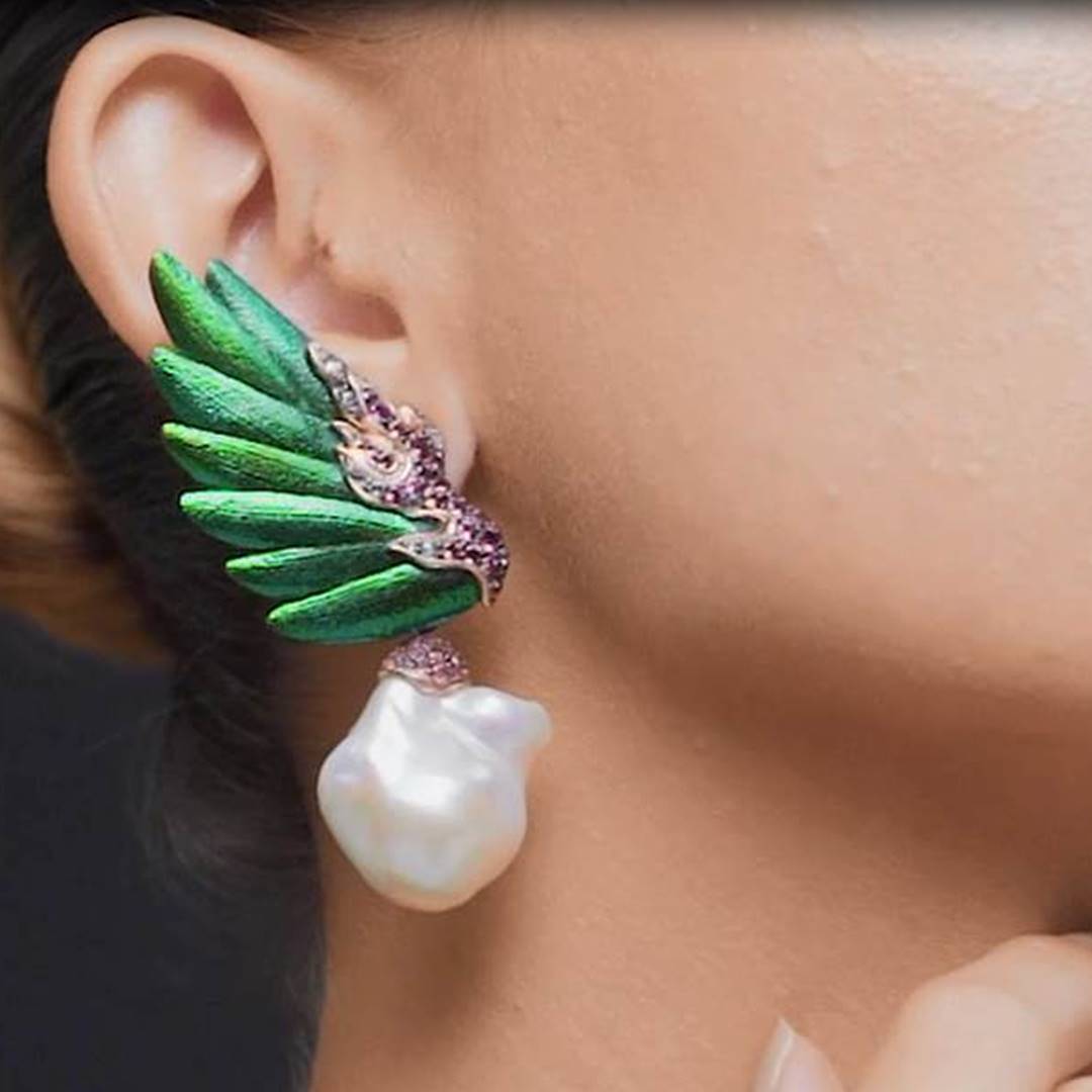 Scarab Earrings with Pearl & Pink Tourmaline