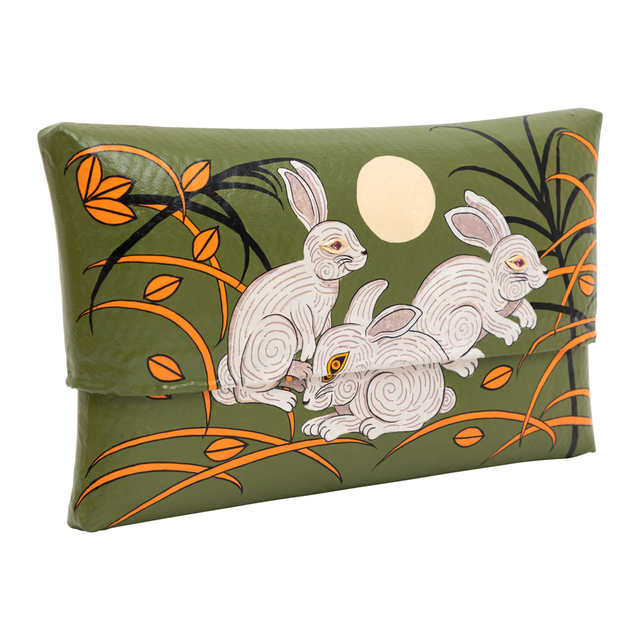 Bamboo Clutch with Hand-Painted Cheerful Rabbits and Tourmaline