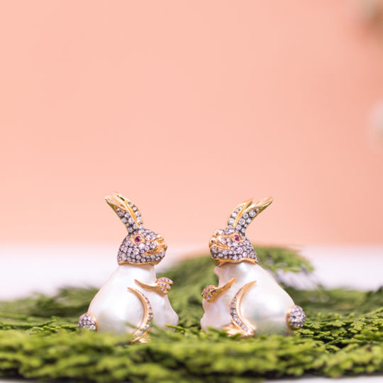 Leaping Rabbit Earrings with Diamond and Ruby