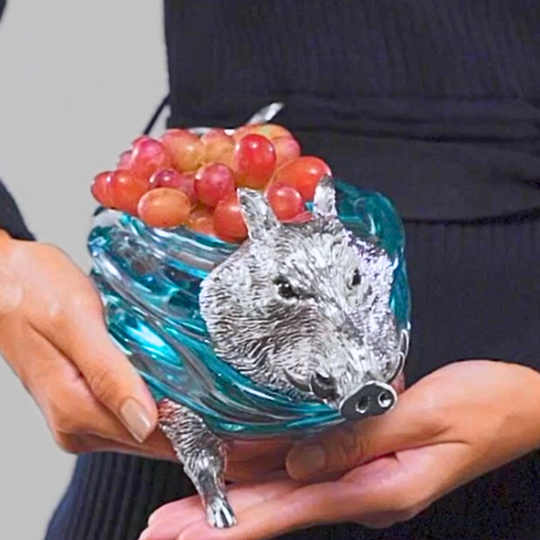 Glass Bowl with Silver Boar