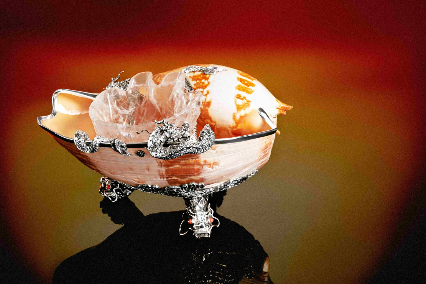 Giant Trumpet Conch Shell and Pearl Chasing Dragons Caviar Bowl