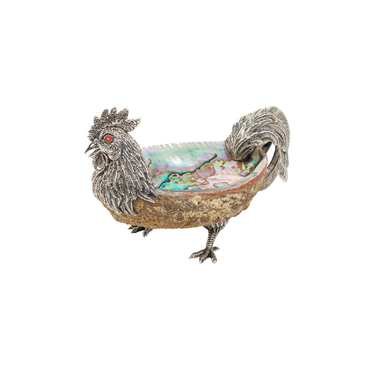 Abalone Shell Bowl with Silver Rooster