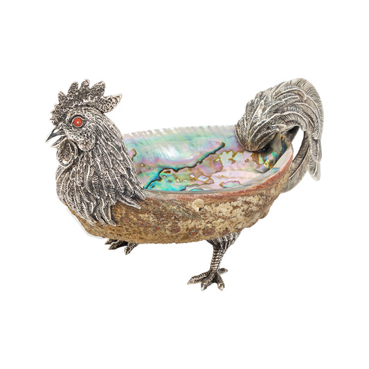 Abalone Shell Bowl with Silver Rooster