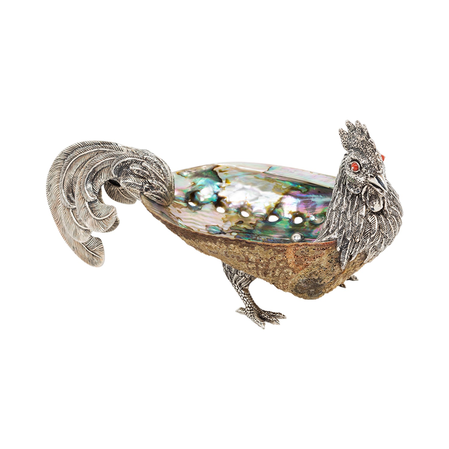 Abalone Shell Bowl with Silver Rooster