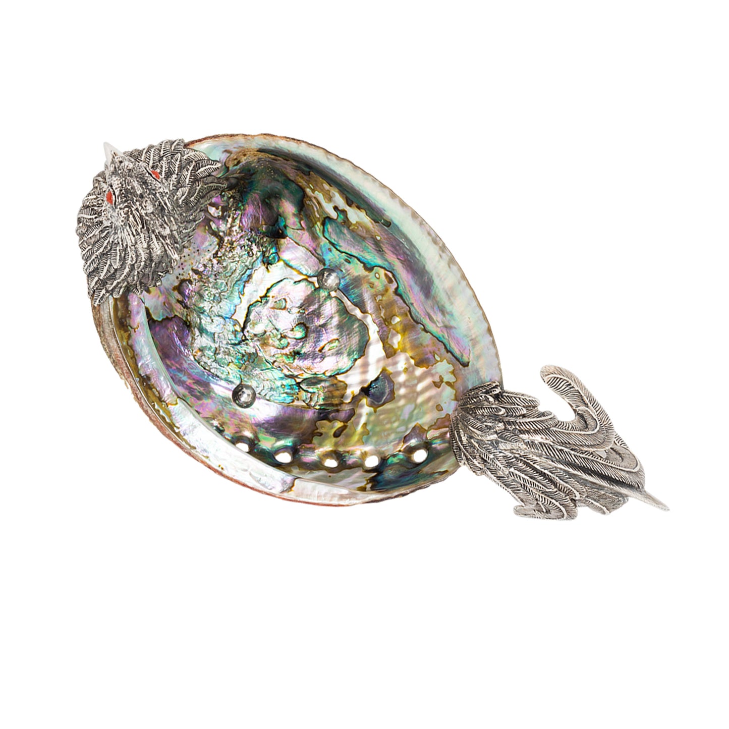 Abalone Shell Bowl with Silver Rooster