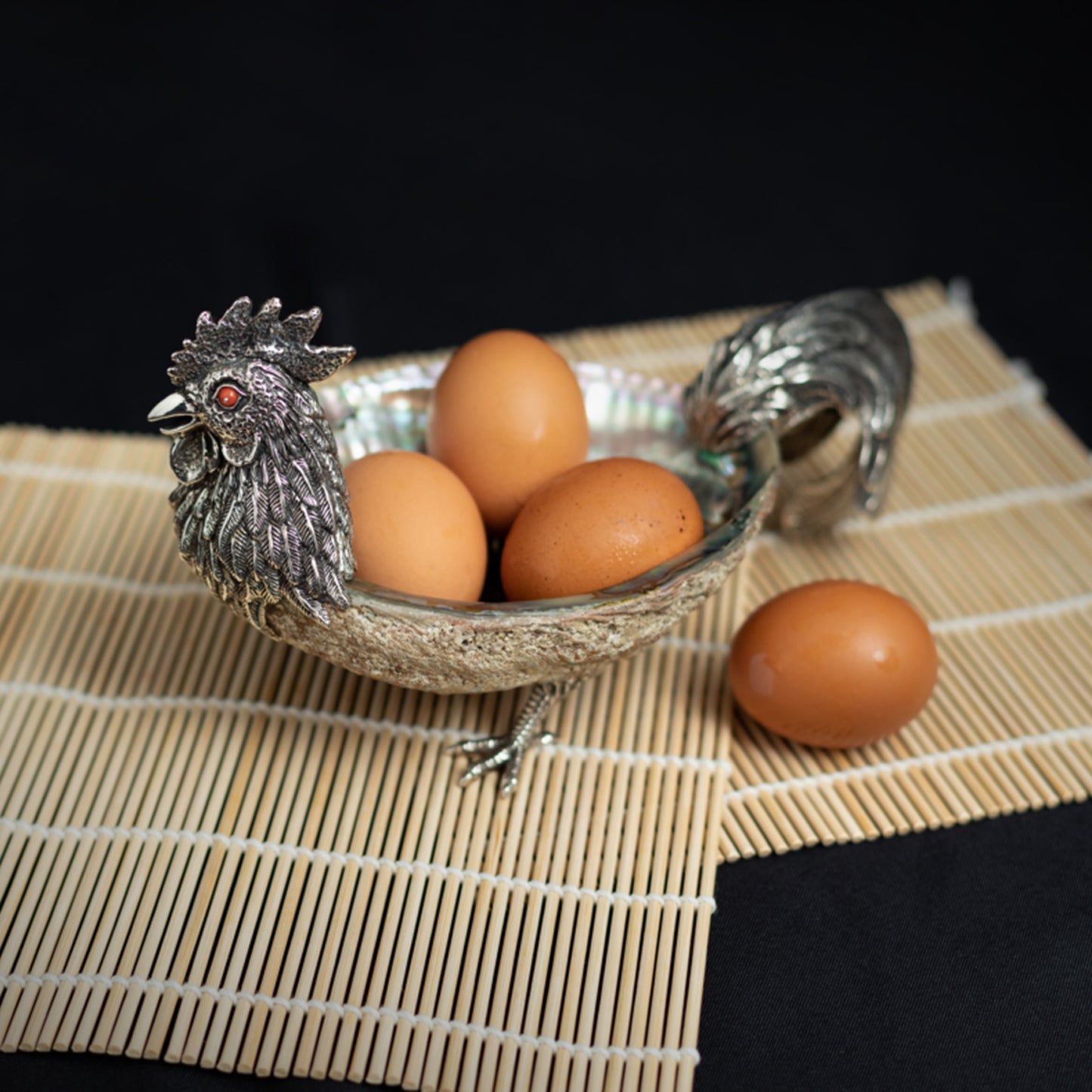 Abalone Shell Bowl with Silver Rooster