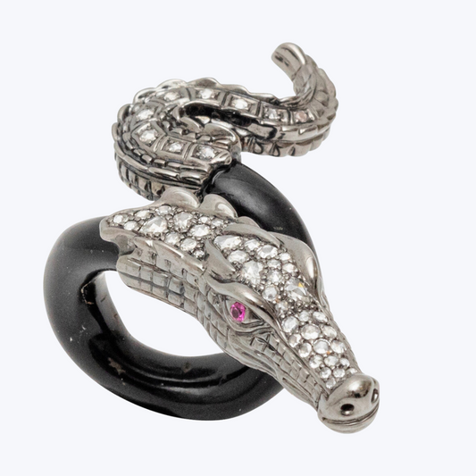 Crocodile ring with polished Black wood, Ruby & Diamond