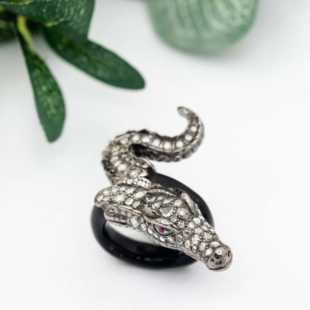 Crocodile ring with polished Black wood, Ruby & Diamond