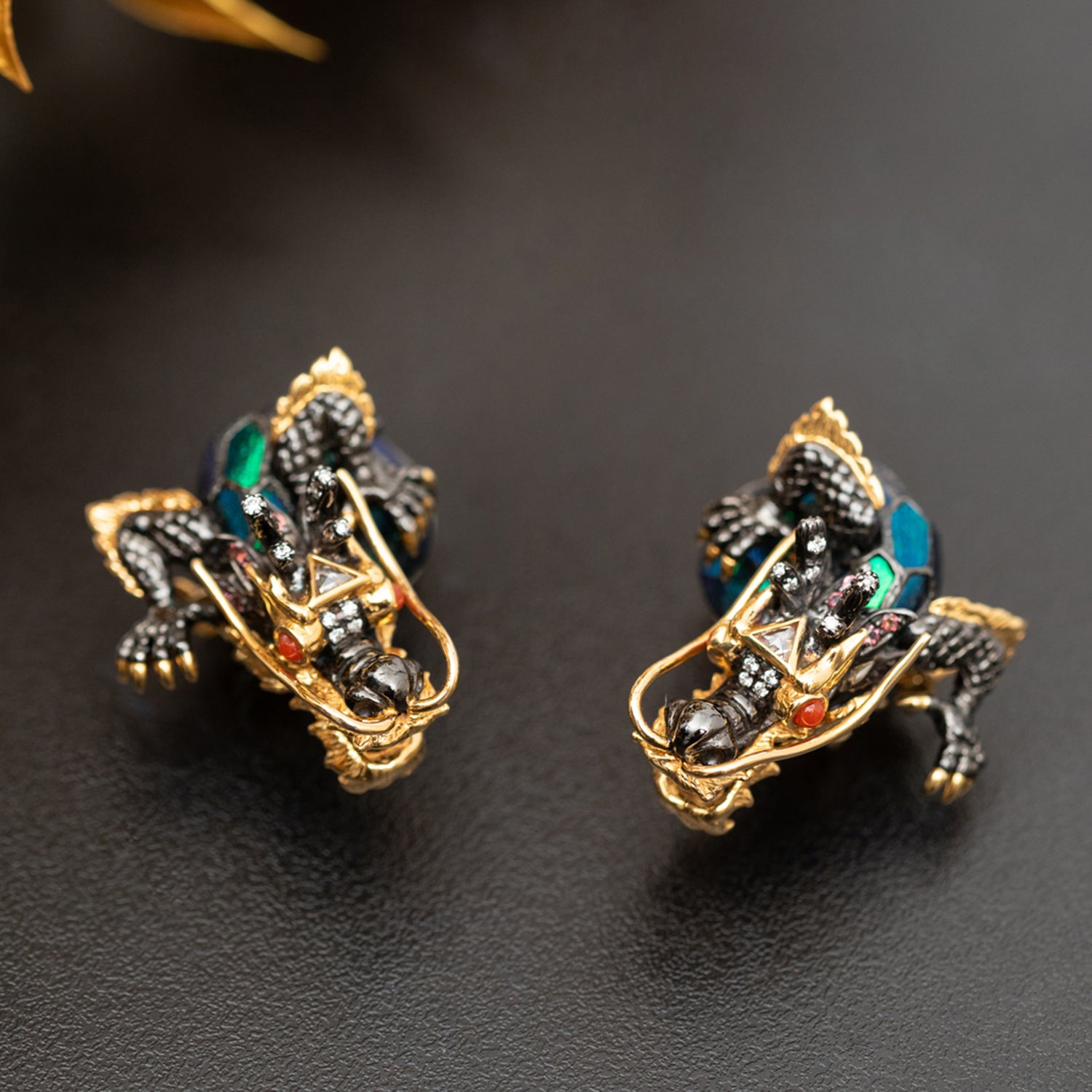 Scarab Dragon Earring with Diamonds and Pink Tourmalines