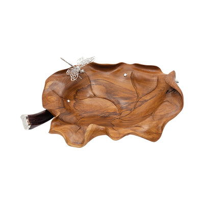 Carved Teak Wood Leaf Bowl with Silver Dragonfly