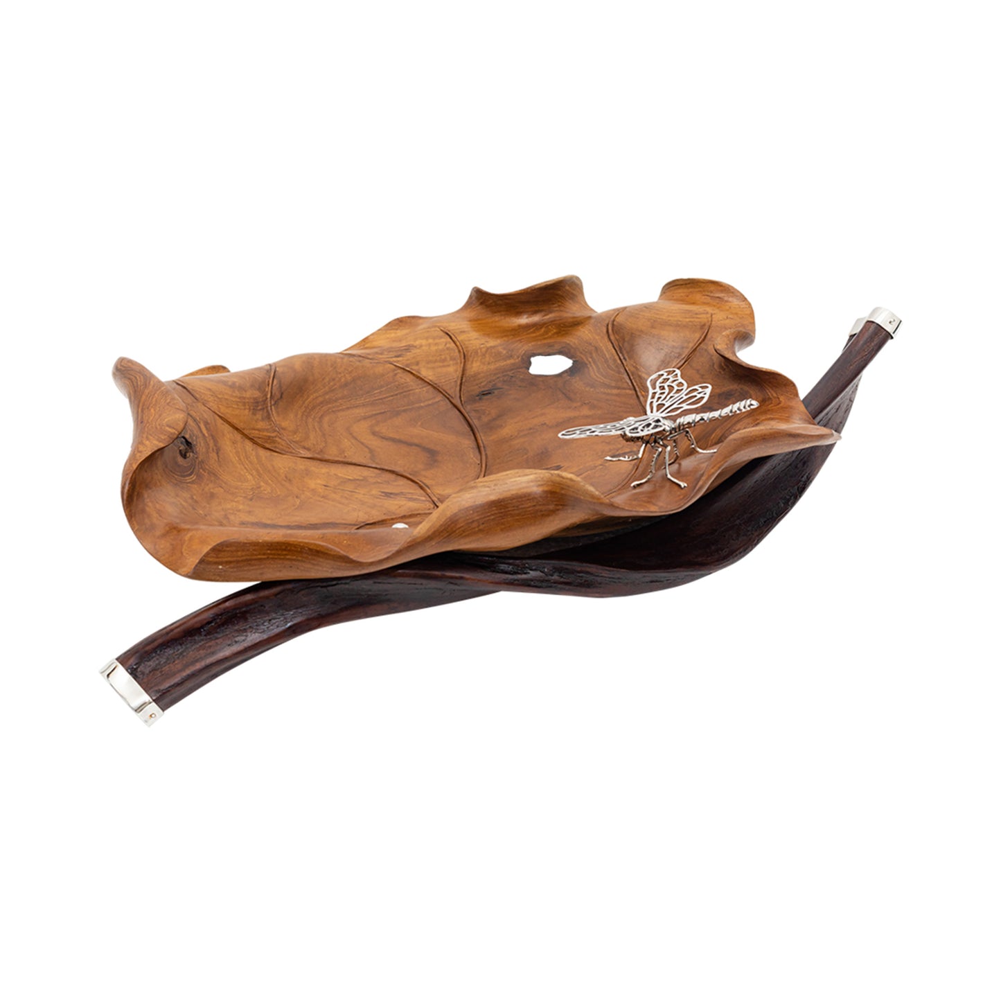 Carved Teak Wood Leaf Bowl with Silver Dragonfly
