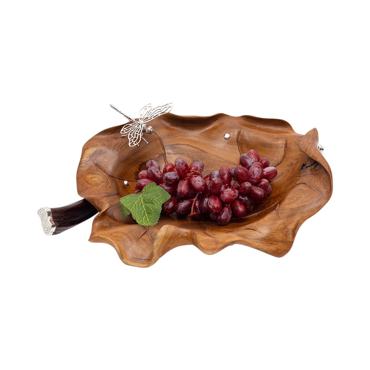 Carved Teak Wood Leaf Bowl with Silver Dragonfly