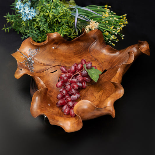 Carved Teak Wood Leaf Bowl with Silver Dragonfly