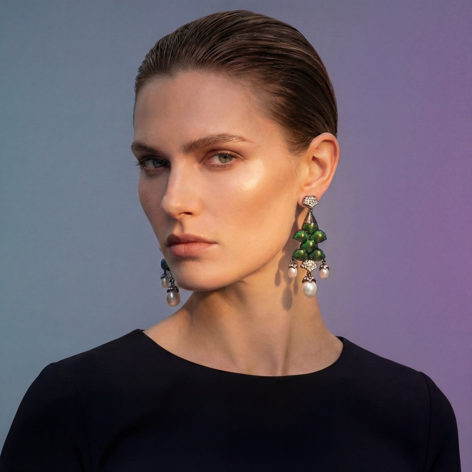 Scarab Chandelier Earrings with Diamond and Pearl
