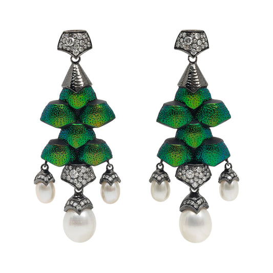 Scarab Earrings with Pearl and Diamond