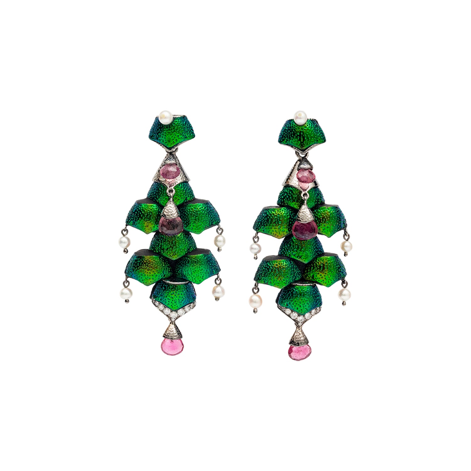 Scarab Chandelier Earrings with Diamond, Rubellite  & Pearl