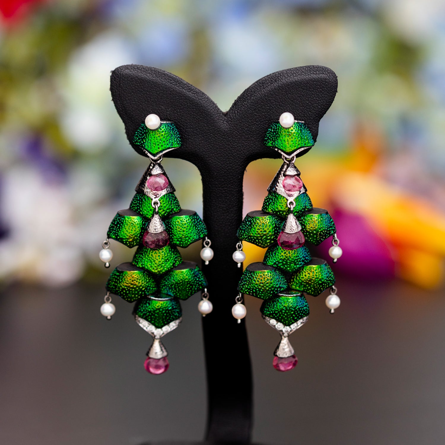 Scarab Chandelier Earrings with Diamond, Rubellite  & Pearl
