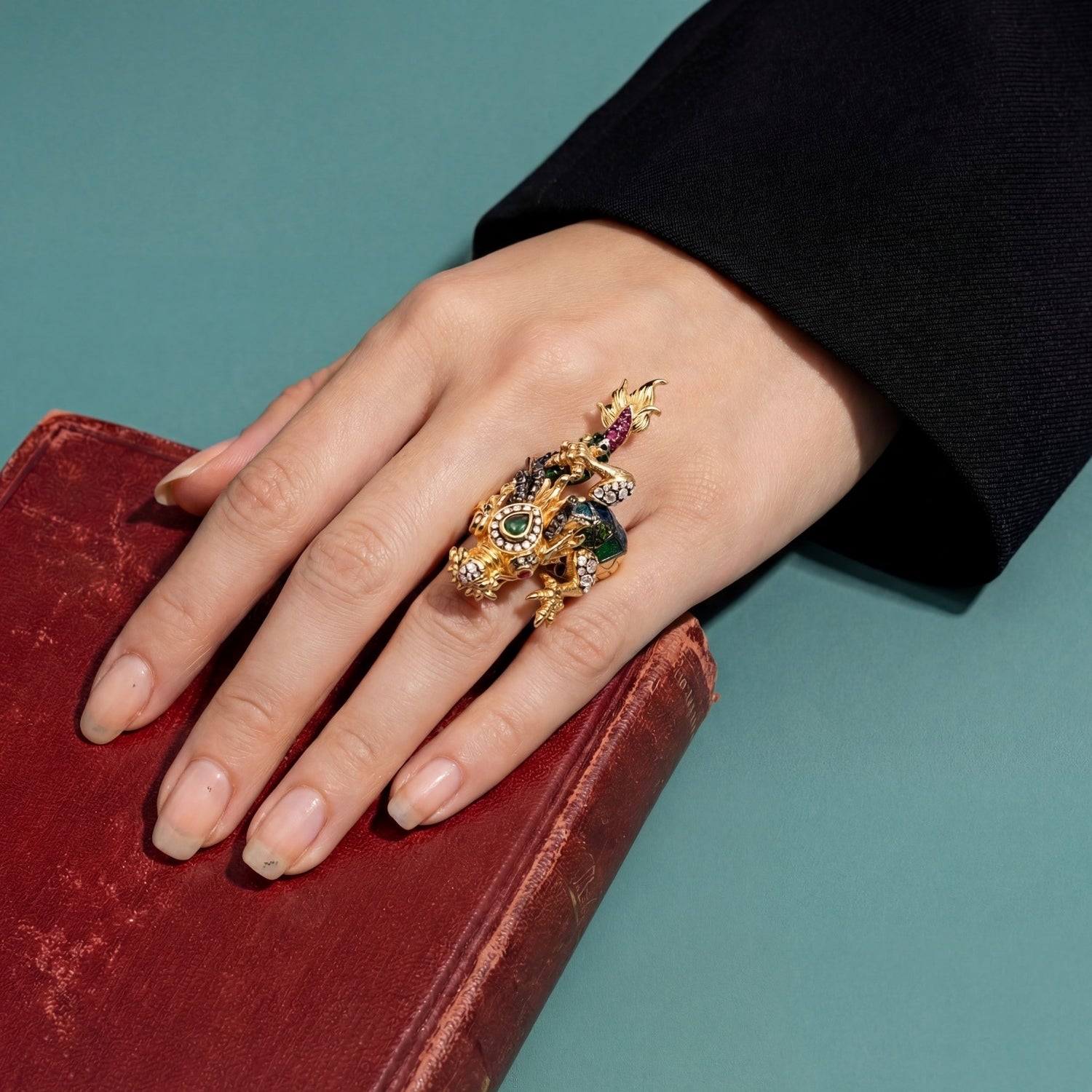 Golden Dragon Scarab Ring with Diamonds, Rubies, Tsavorites