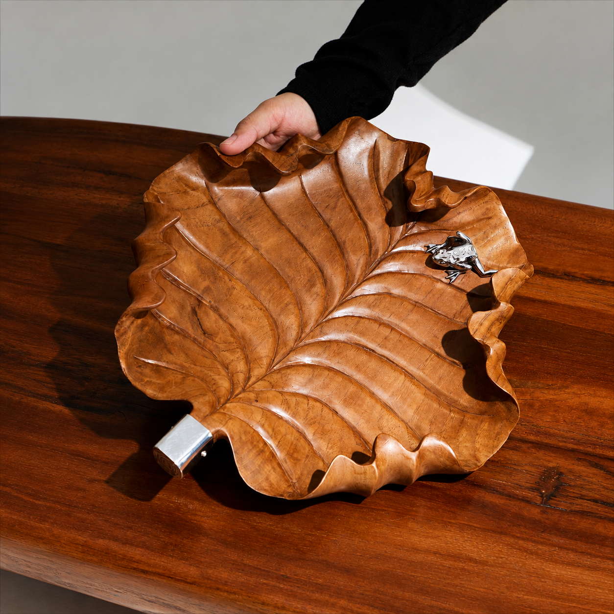 Carved Teak Leaf Bowl with Silver Frog
