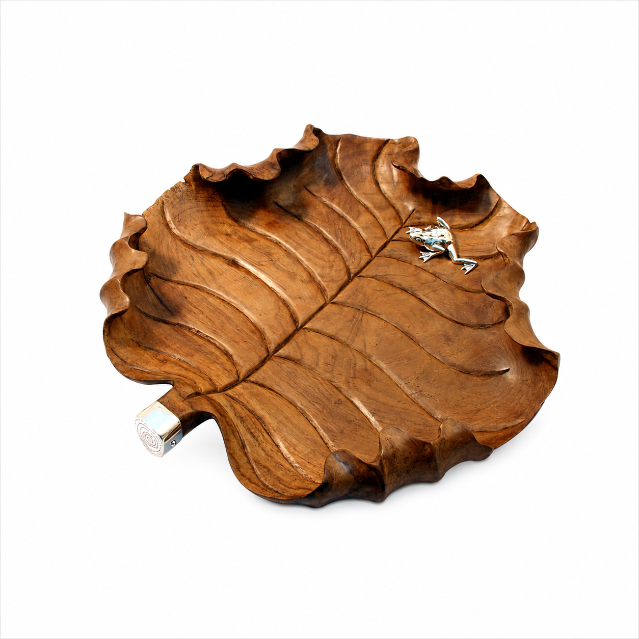 Carved Teak Leaf Bowl with Silver Frog